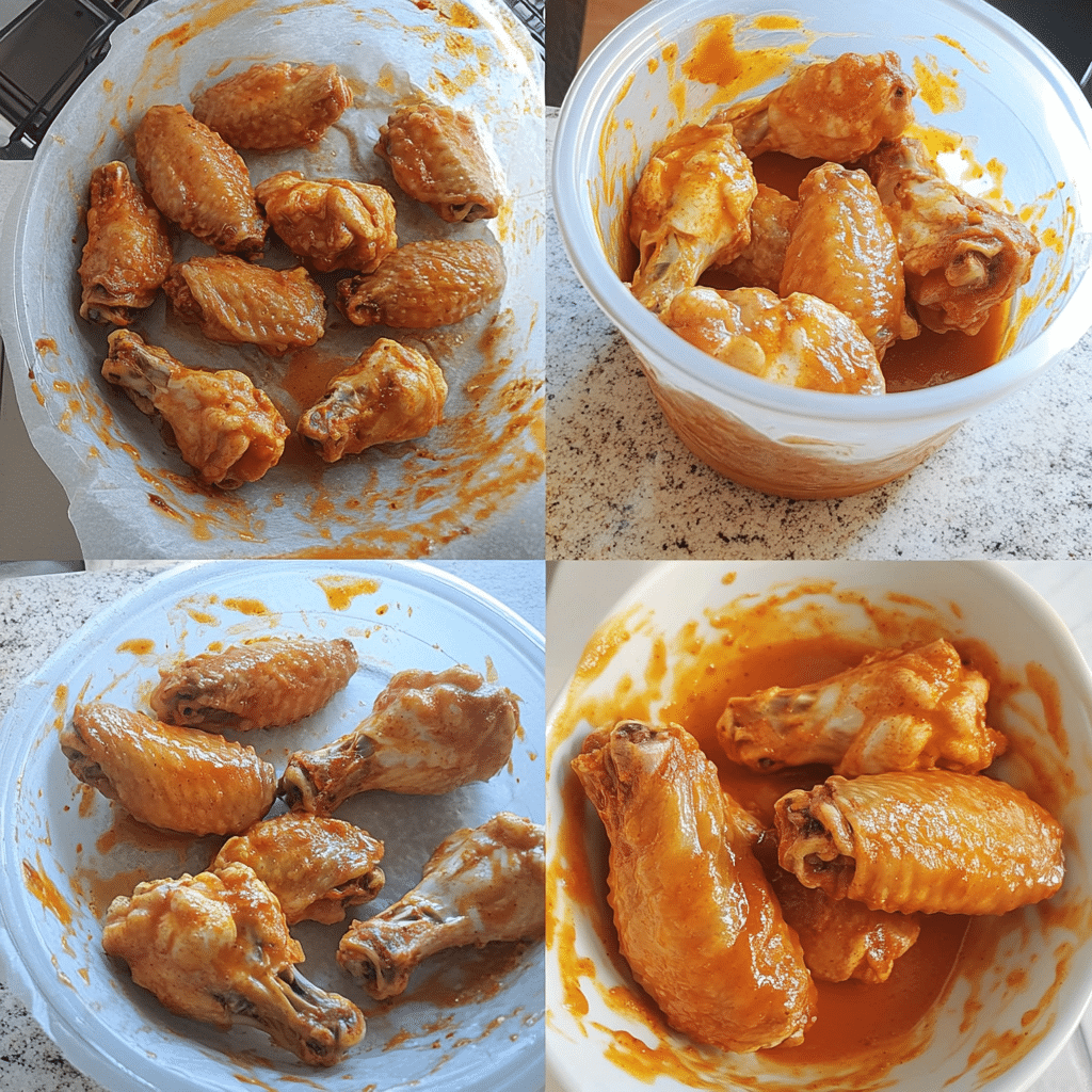 Four-panel collage showing drying wings, seasoning with baking powder mix, baking on a wire rack, and tossing baked wings in sauce