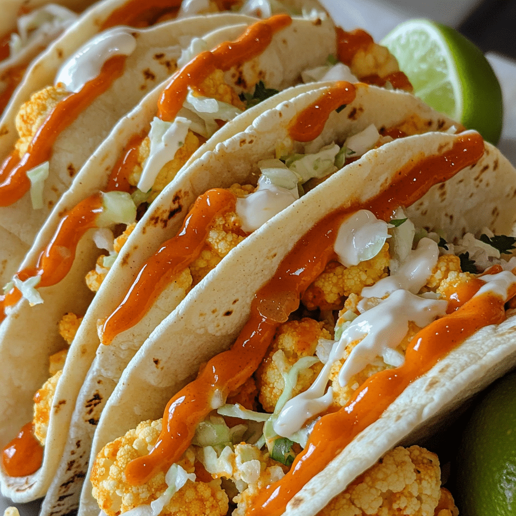 Crispy Buffalo Cauliflower Tacos with slaw and creamy sauce drizzle