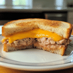 Crispy tuna melt sandwich cut in half with melted cheese