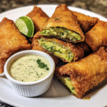 Golden avocado egg rolls sliced open with creamy filling and cilantro lime dipping sauce on a plate
