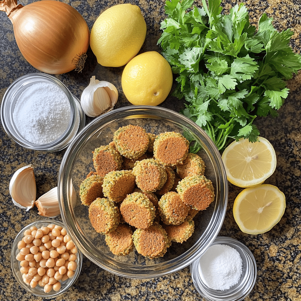 Ingredients for crispy falafel including soaked chickpeas, herbs, onion, garlic, and spices