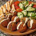 Crispy falafel balls with tahini sauce and cucumber tomato salad on a plate