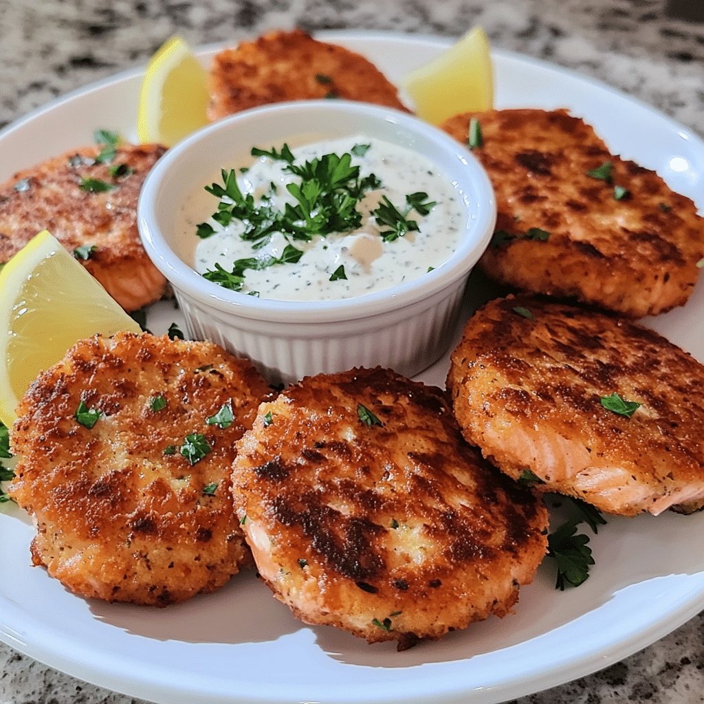 Salmon patties on a plate with lemon wedges and dipping sauce