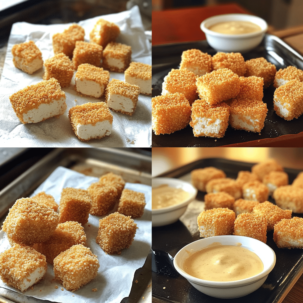 Overhead ingredients for crispy tofu nuggets including tofu cubes, panko, flour, spices, and dipping sauce
