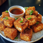 Close-up of crispy tofu nuggets with a dipping sauce on a plate