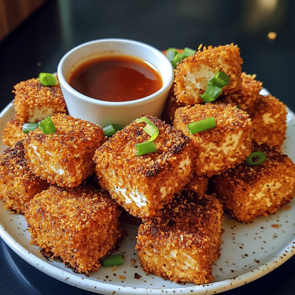 Close-up of crispy tofu nuggets with a dipping sauce on a plate