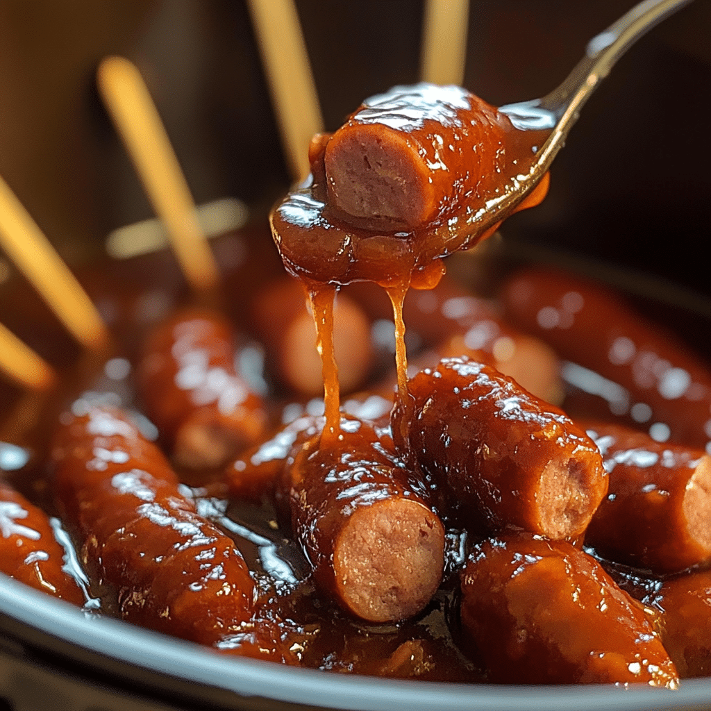 Close-up of crockpot little smokies coated in glossy sauce in a slow cooker