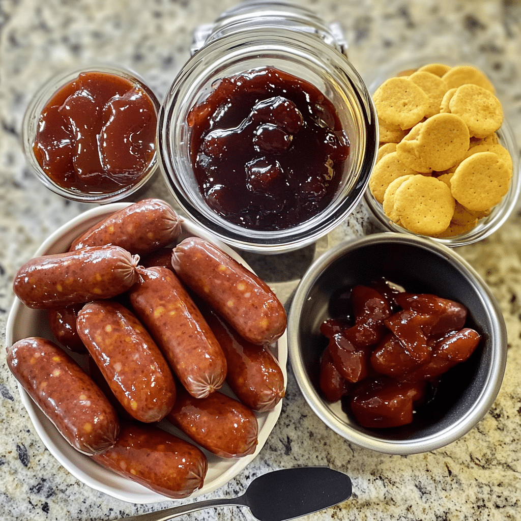 Overhead ingredients for crockpot little smokies including little smokies sausages, barbecue sauce, grape jelly, mustard, and Worcestershire