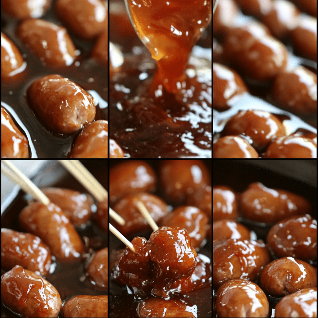 Four-panel collage showing mixing sauce in slow cooker, adding sausages, stirring to coat, and finished saucy little smokies ready to serve