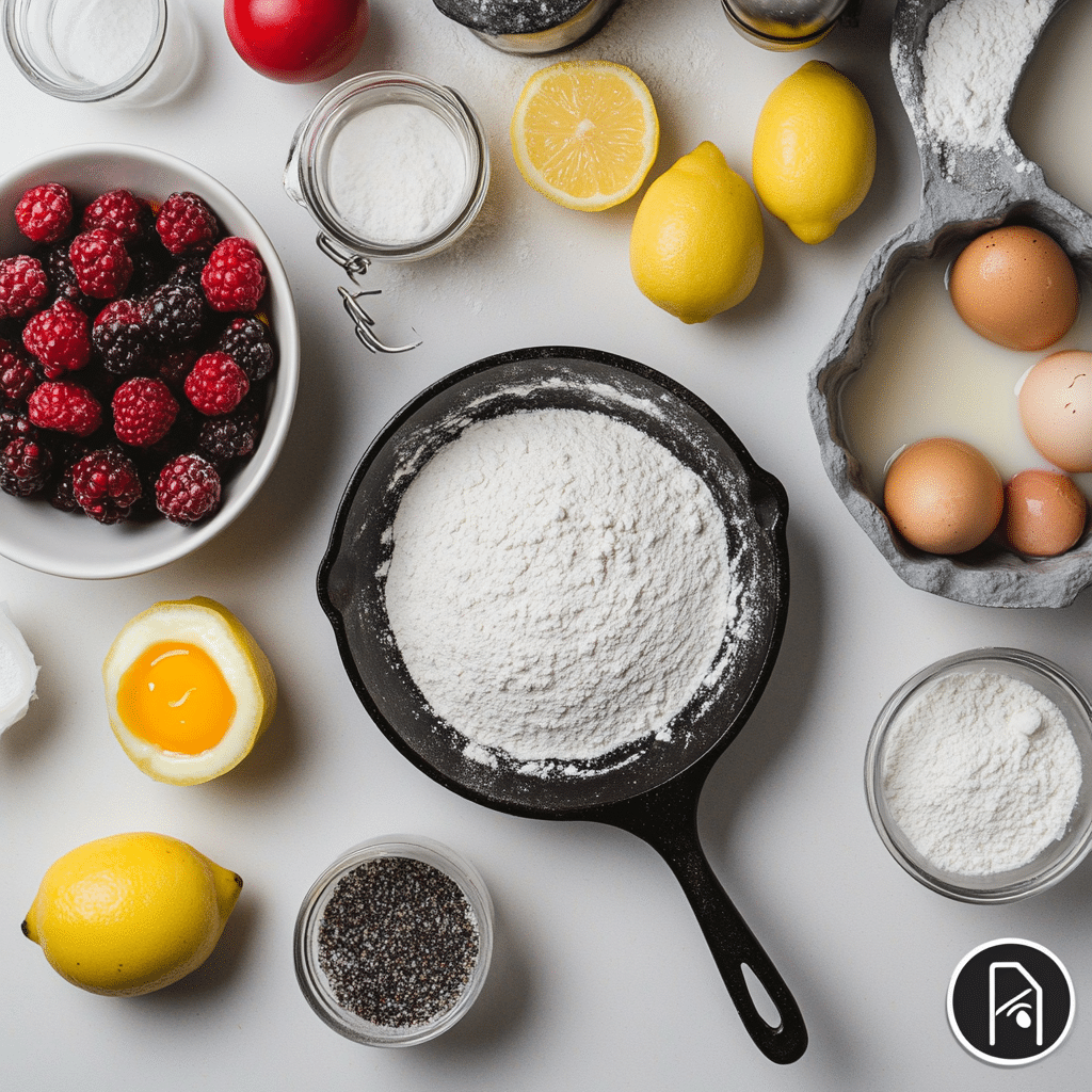 Ingredients for Dutch Baby Pancake including eggs, milk, flour, butter, lemon, and berries