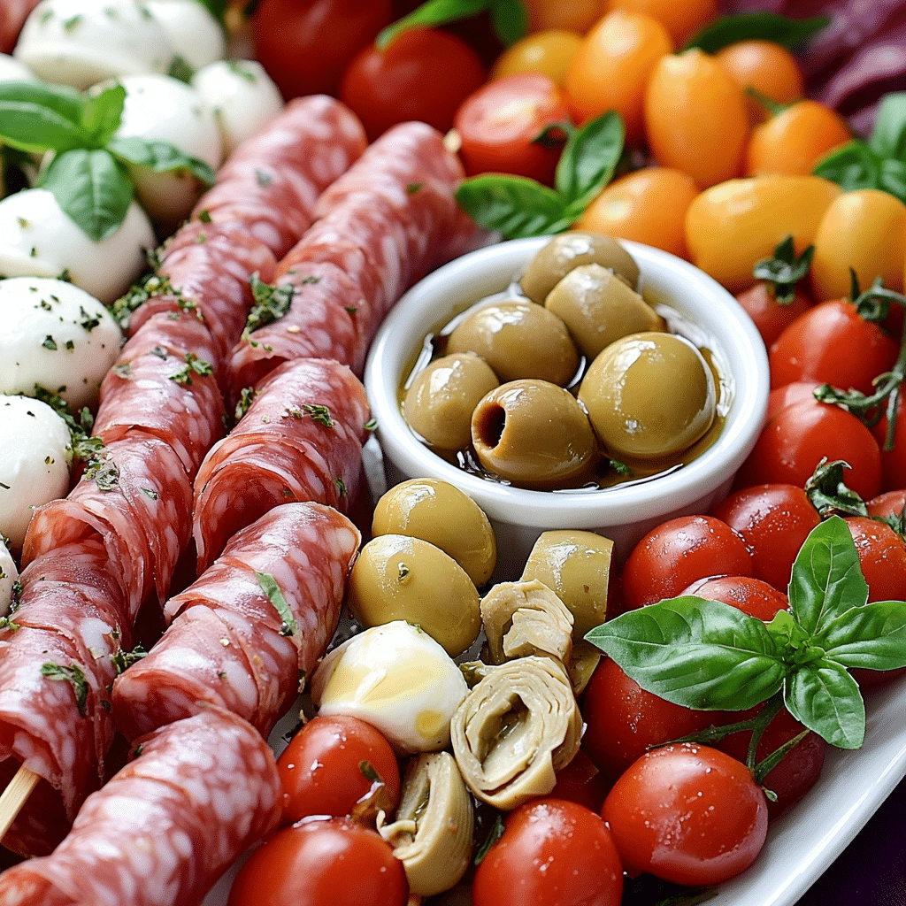 Antipasto skewers with salami mozzarella tomatoes olives and artichokes