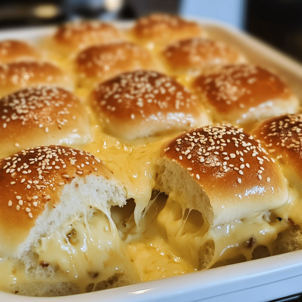 Close-up of baked cheese sliders with melted cheese and glossy tops in a baking dish