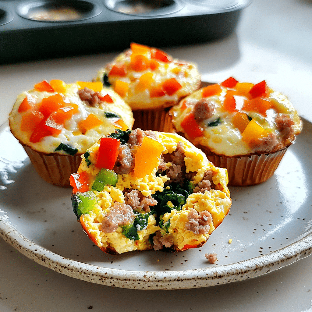 Close-up of egg muffins with cheese and vegetables, one cut open to show the filling