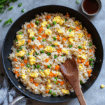 Overhead skillet of easy fried rice with egg, peas, carrots, and green onions