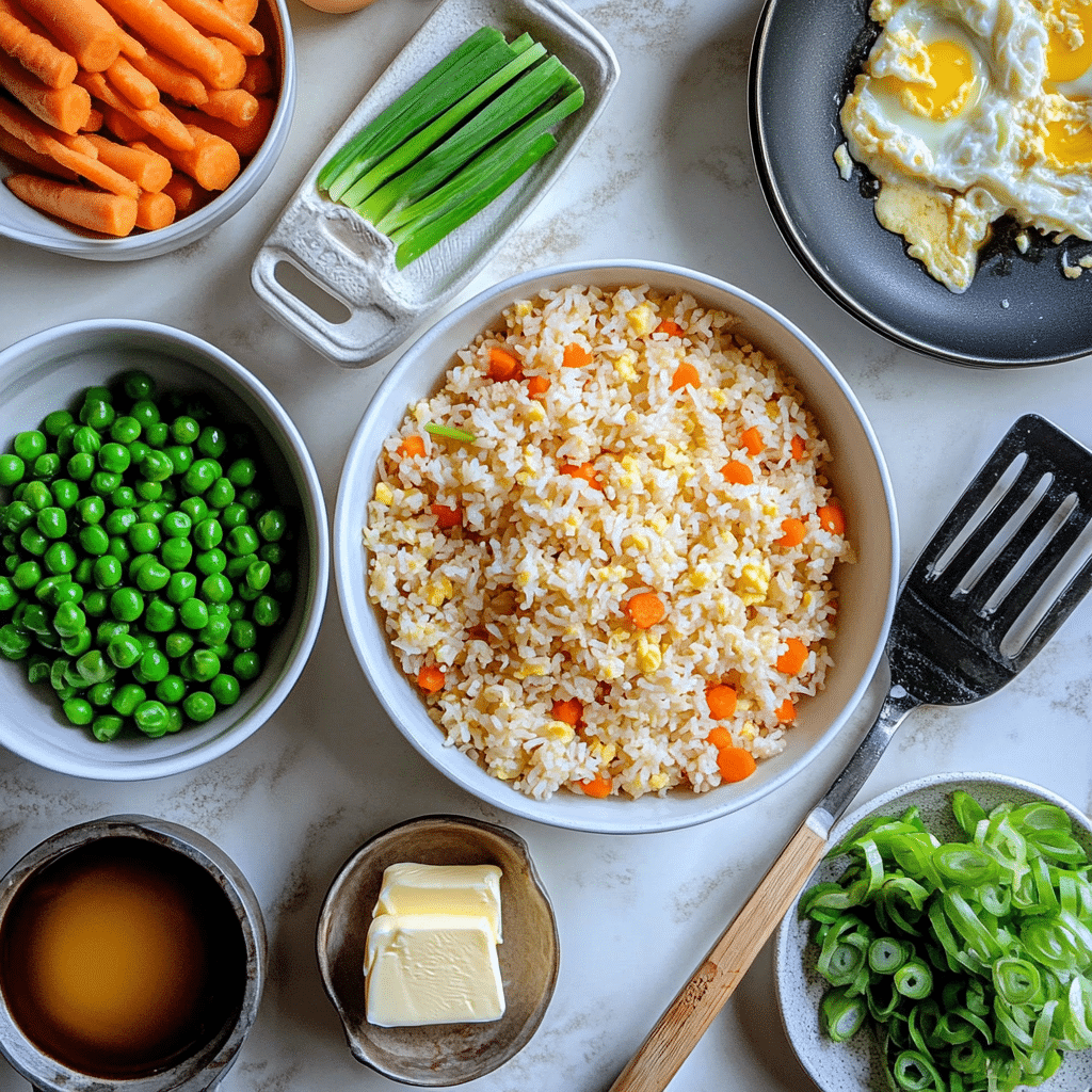 Overhead ingredients for easy fried rice including cold rice, eggs, peas and carrots, soy sauce, garlic, and green onions