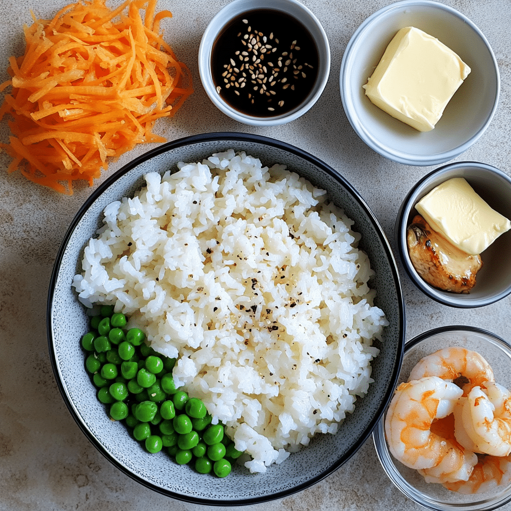 Ingredients for easy fried rice including cold cooked rice, eggs, frozen peas and carrots, soy sauce, garlic, butter, and green onions