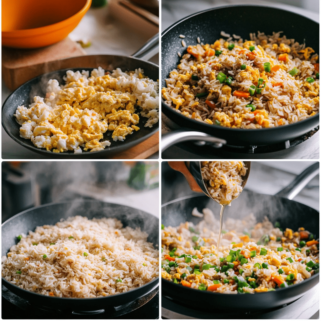 Four-panel collage showing scrambling eggs, sautéing vegetables, frying cold rice, and tossing with soy sauce and green onions