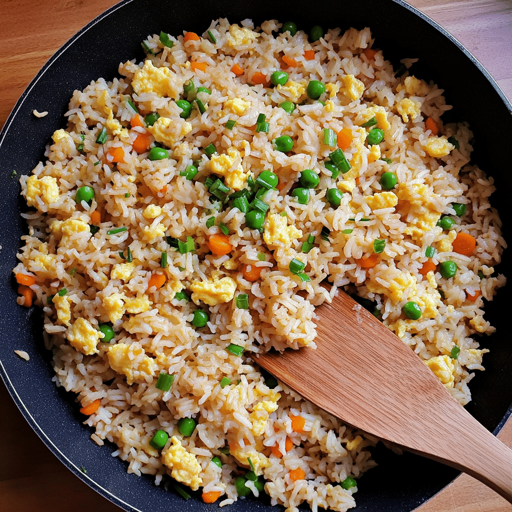 Easy fried rice in a skillet with peas, carrots, eggs, and green onions
