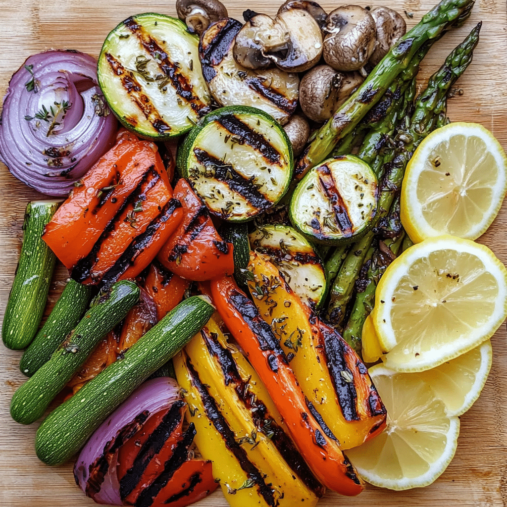 Platter of grilled vegetables with zucchini, bell peppers, mushrooms, red onion, and asparagus