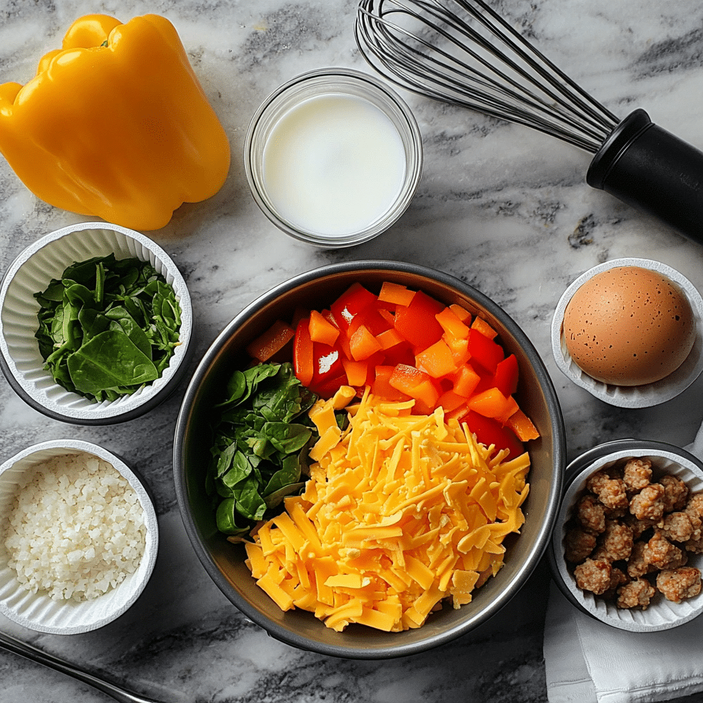 Overhead ingredients for egg muffins including eggs, cheese, vegetables, milk, and cooked sausage pieces next to a muffin tin