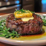 Filet mignon steak with a garlic butter topping and fresh herbs
