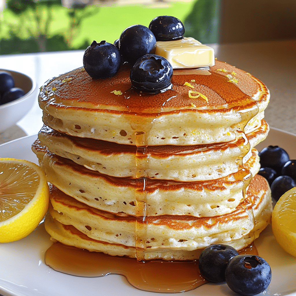 Stack of lemon ricotta pancakes with blueberries, syrup, and lemon zest