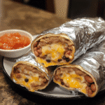 Foil-wrapped bean and cheese burritos with one cut open showing beans and melted cheese