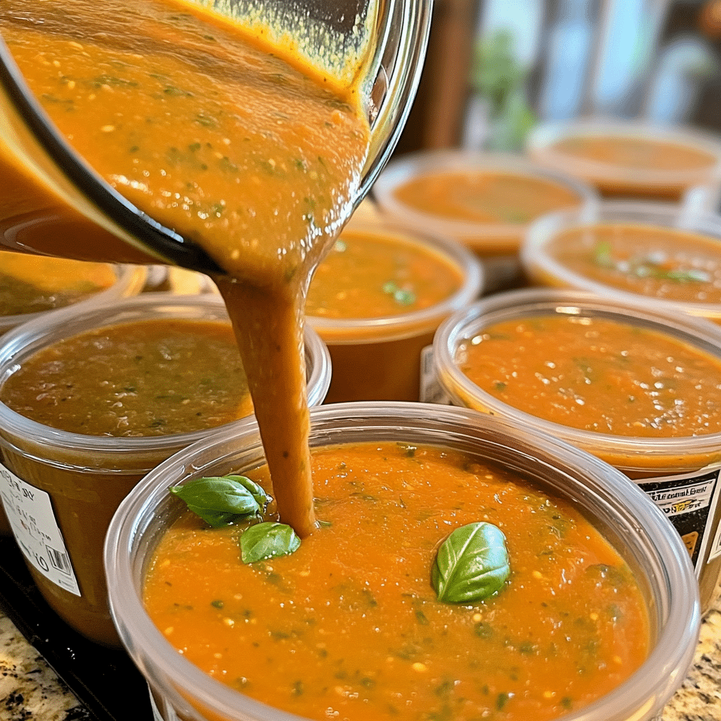 Tomato basil soup portioned into freezer containers