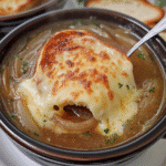 Close-up of French onion soup with caramelized onions and a bubbling melted cheese cap over toasted bread