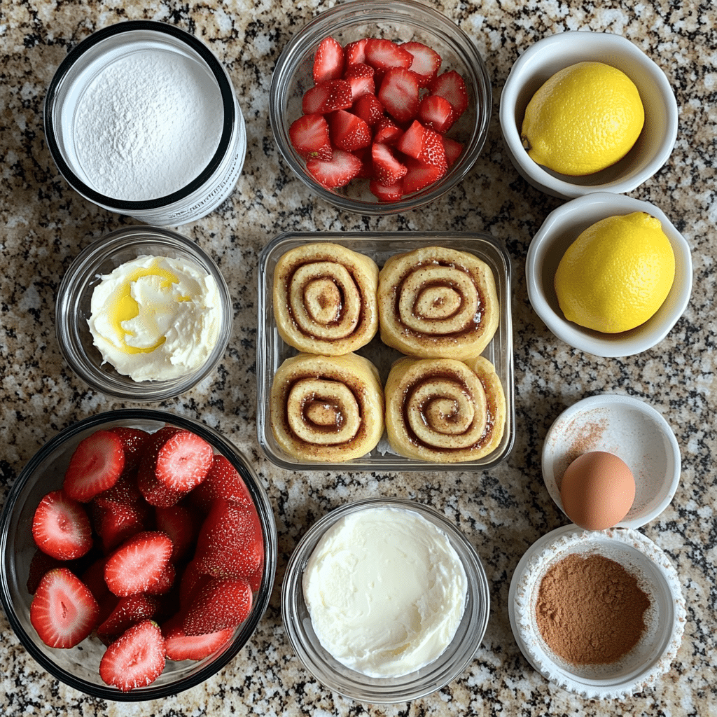 Ingredients for strawberry cinnamon rolls with fresh strawberries, flour, yeast, cinnamon, and cream cheese