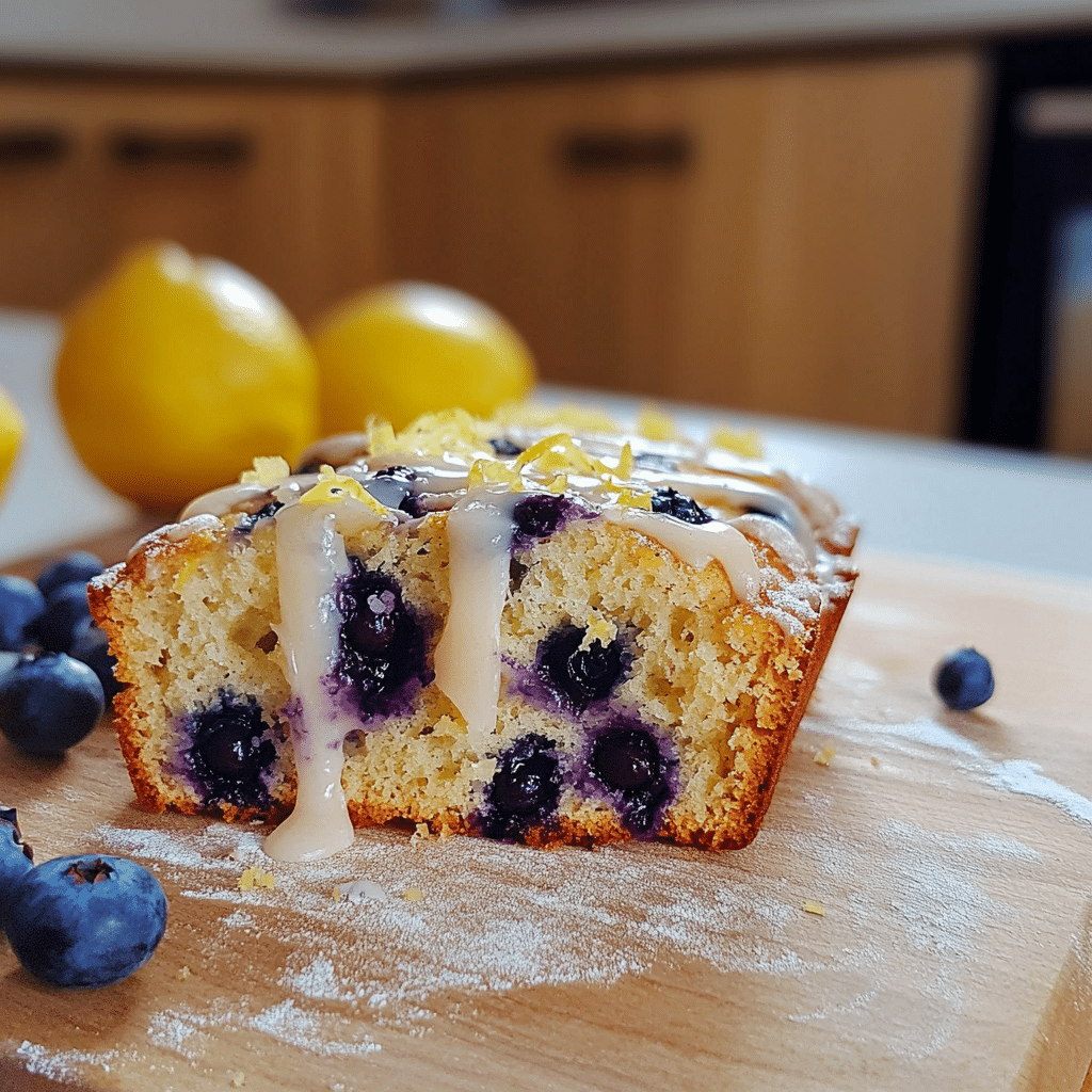 Slice of lemon blueberry bread with fresh blueberries and glaze