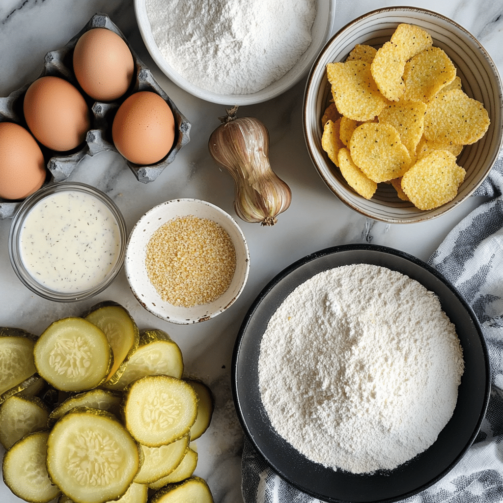 Overhead ingredients for fried pickles including pickle chips, flour, egg mixture, cornmeal, breadcrumbs, seasonings, oil, and dip