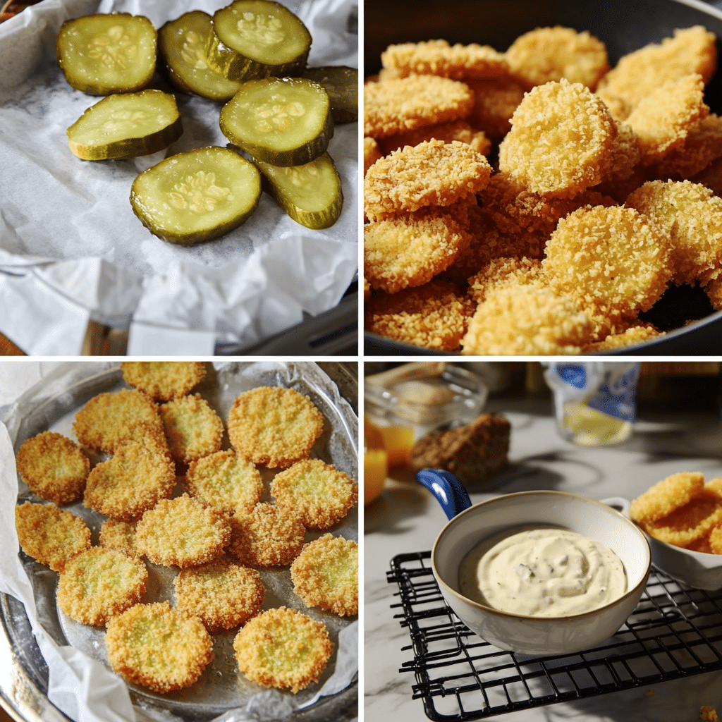 Four-panel collage showing drying pickles, breading station, frying in a skillet, and finished fried pickles draining with dip
