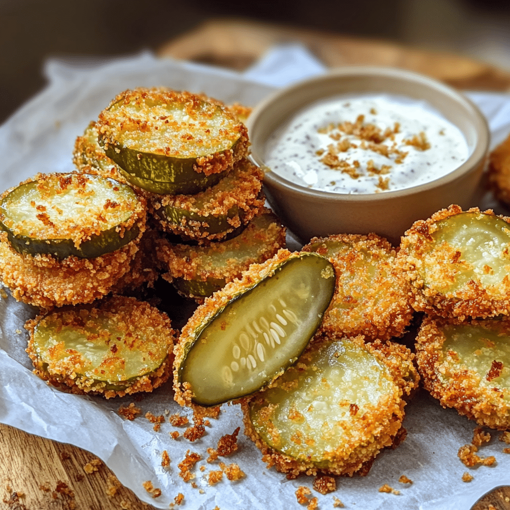 Close-up of fried pickles with crunchy coating and a bowl of ranch-style dip
