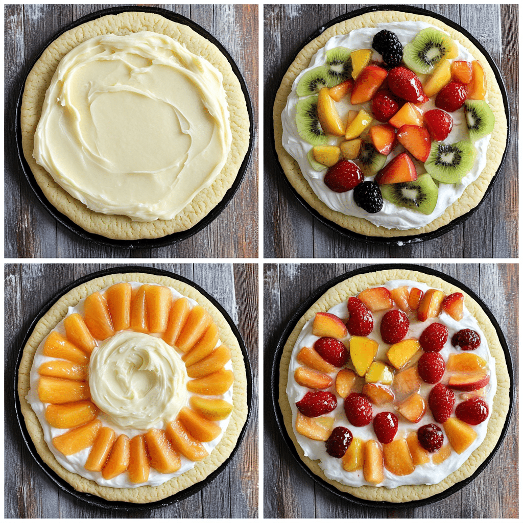 Four-panel collage showing making the dough, frosting, and topping with fruit