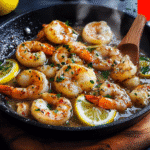 Garlic butter shrimp cooking in a skillet with lemon and parsley