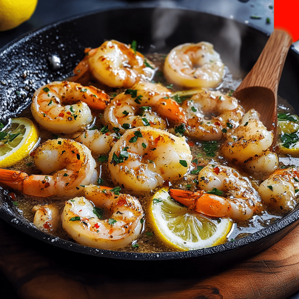 Garlic butter shrimp cooking in a skillet with lemon and parsley