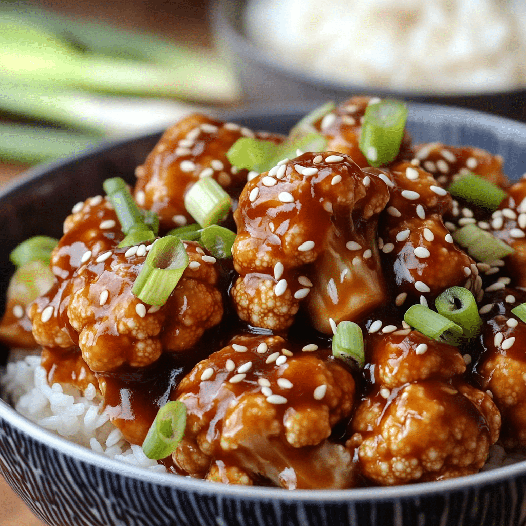 General Tso’s cauliflower in a bowl with glossy sauce, sesame seeds, and green onions