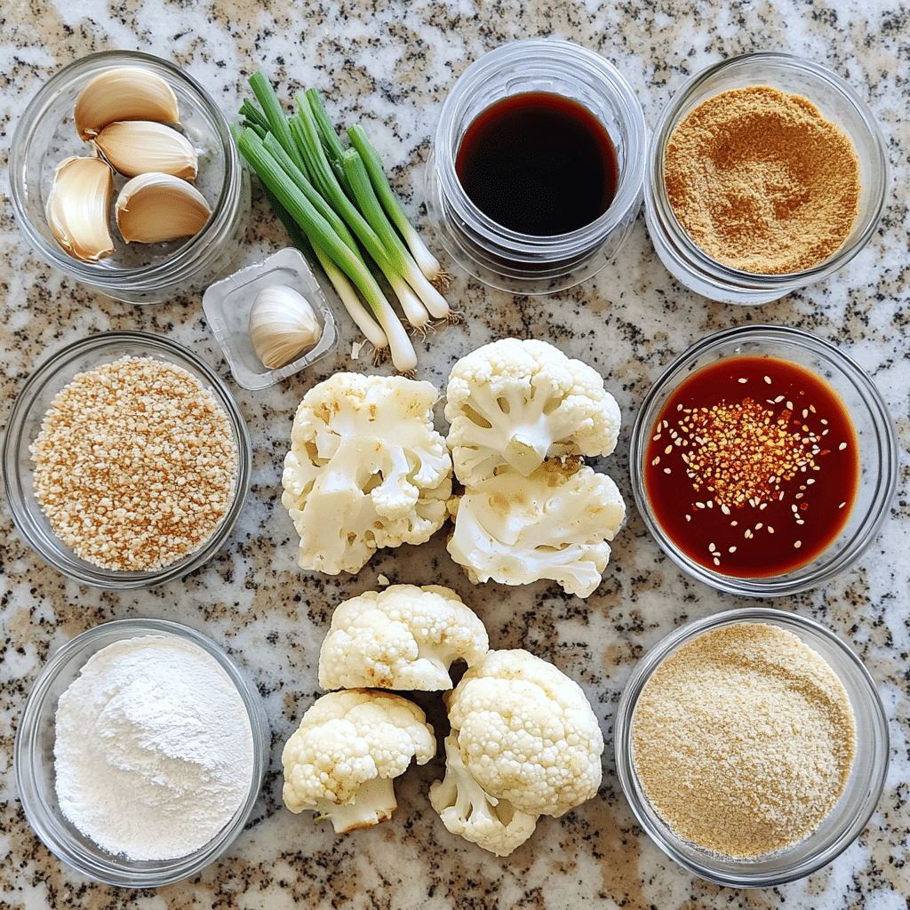 Ingredients for General Tso’s cauliflower including cauliflower, coating, soy sauce, vinegar, sugar, garlic, and ginger