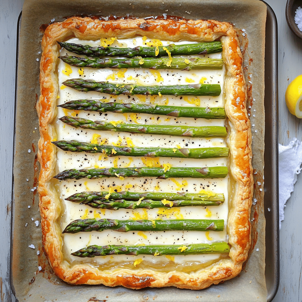 Asparagus tart with puff pastry crust and roasted asparagus on top