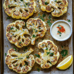 Roasted cauliflower steaks on a baking sheet with herbs and lemon wedges