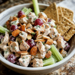 Greek yogurt chicken salad in a bowl with celery, grapes, and almonds