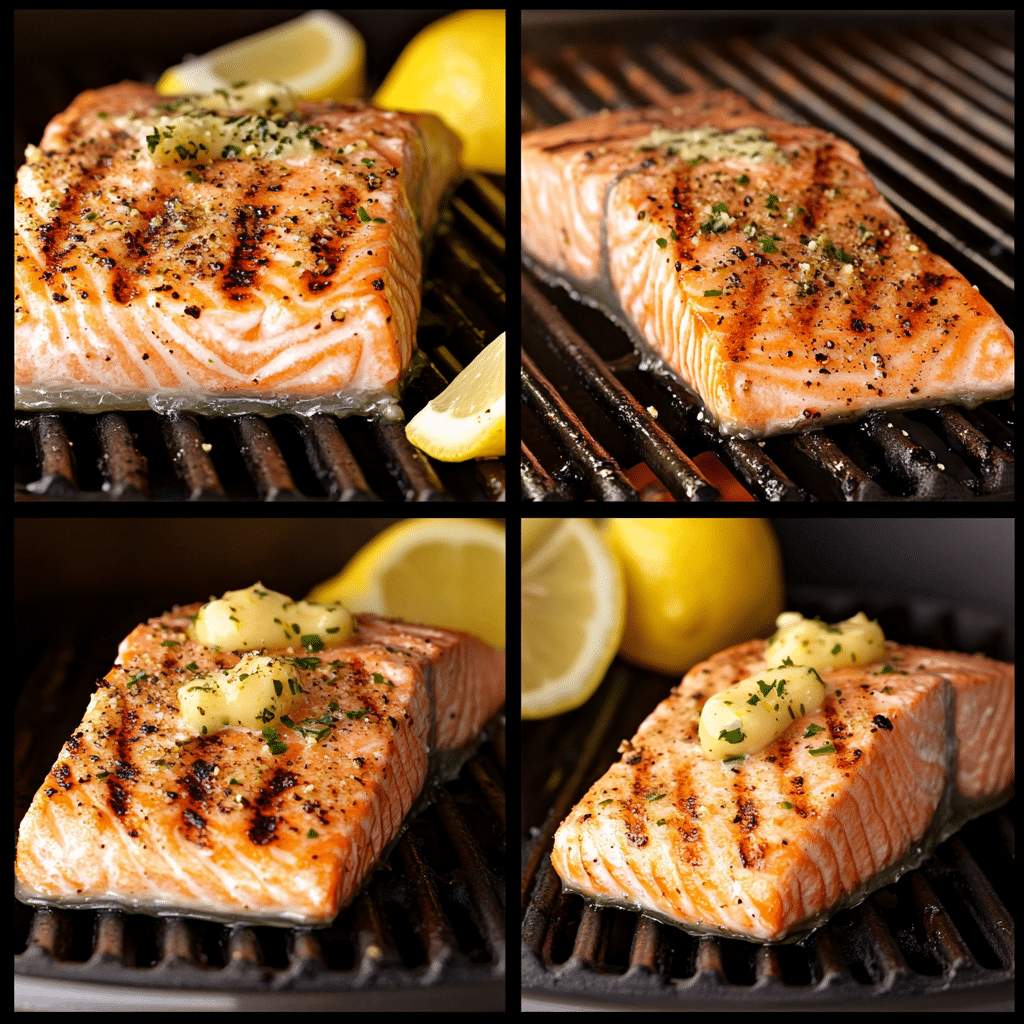Four panel collage showing seasoning salmon, grilling, flipping, and serving with lemon garlic butter