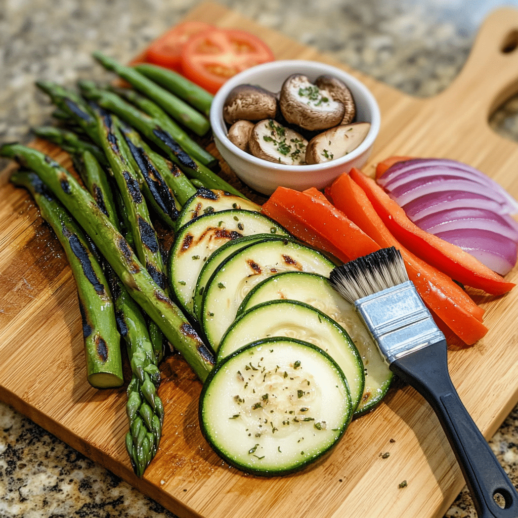 Cut zucchini, bell peppers, red onion, mushrooms, and asparagus with a bowl of herb-garlic marinade