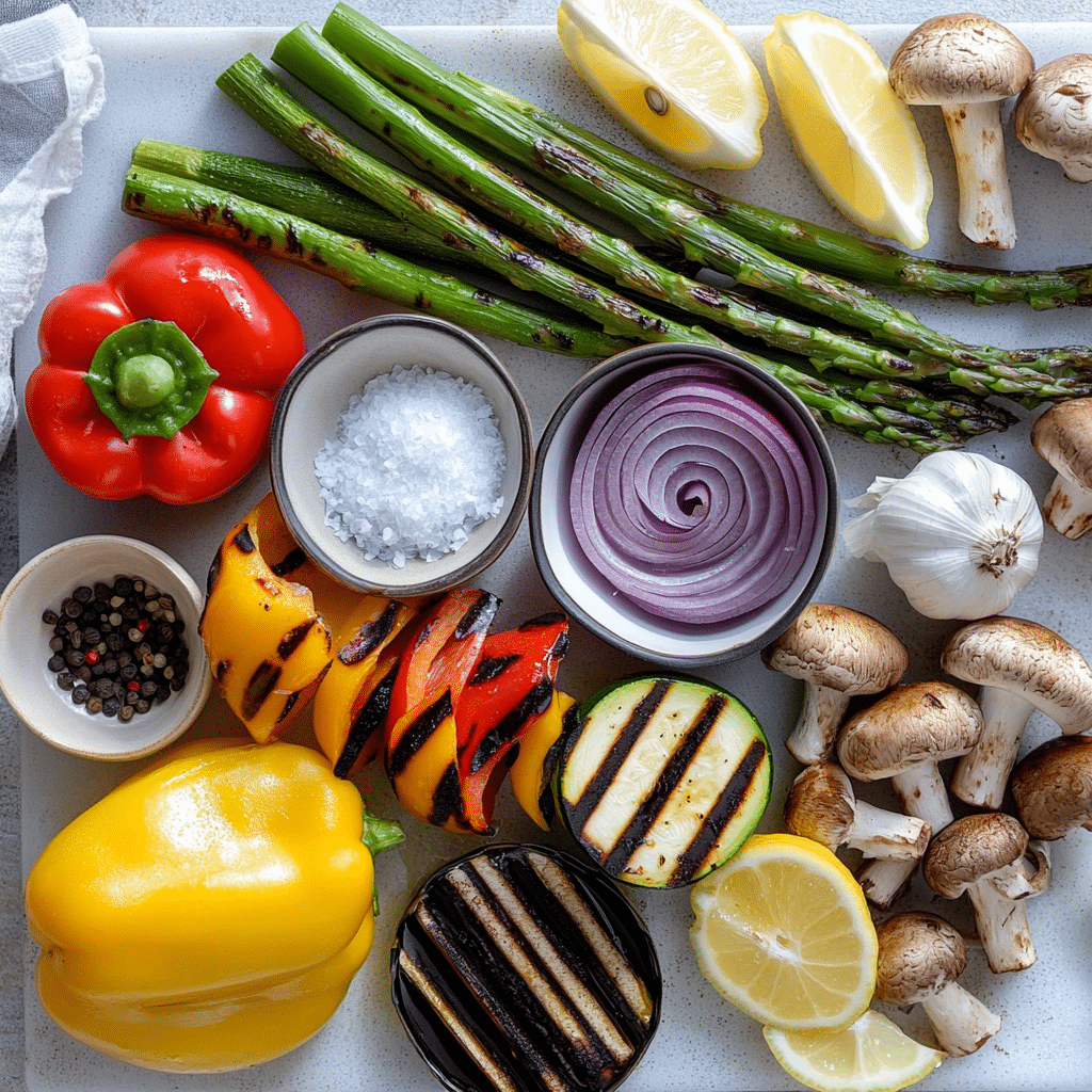 Overhead ingredients for grilled vegetables including zucchini, peppers, onion, mushrooms, asparagus, olive oil, vinegar, garlic, and seasonings