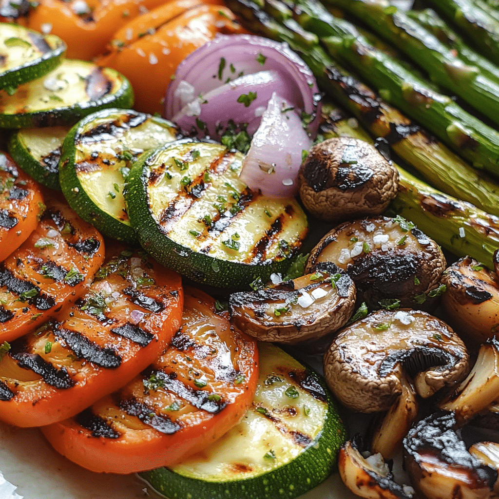 Close-up of grilled vegetables platter with grill marks and chopped herbs