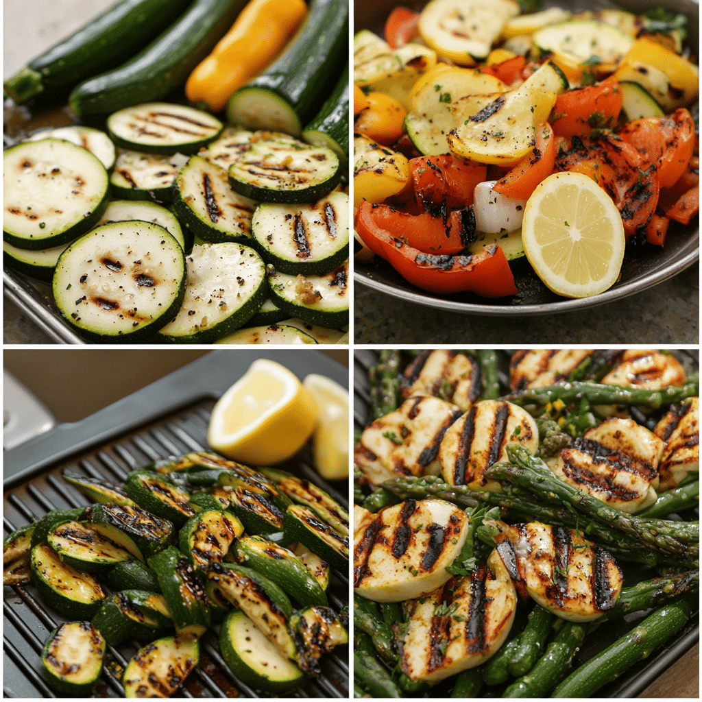 Four-panel collage showing slicing vegetables, mixing marinade, grilling vegetables, and serving grilled vegetables on a platter with lemon