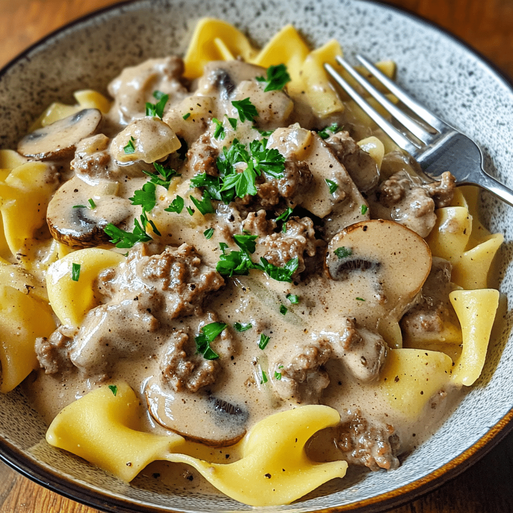 Close-up of ground beef stroganoff over egg noodles with creamy sauce and parsley