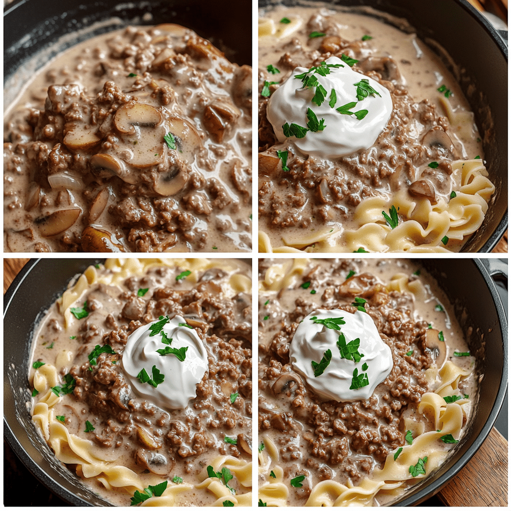 Four-panel collage showing browning beef with mushrooms, adding flour, simmering sauce, and finishing with sour cream over noodles