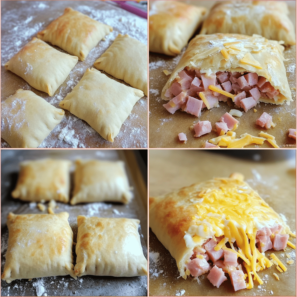 Four-panel collage showing cutting dough, filling with ham and cheese, sealing and brushing, and finished baked pockets